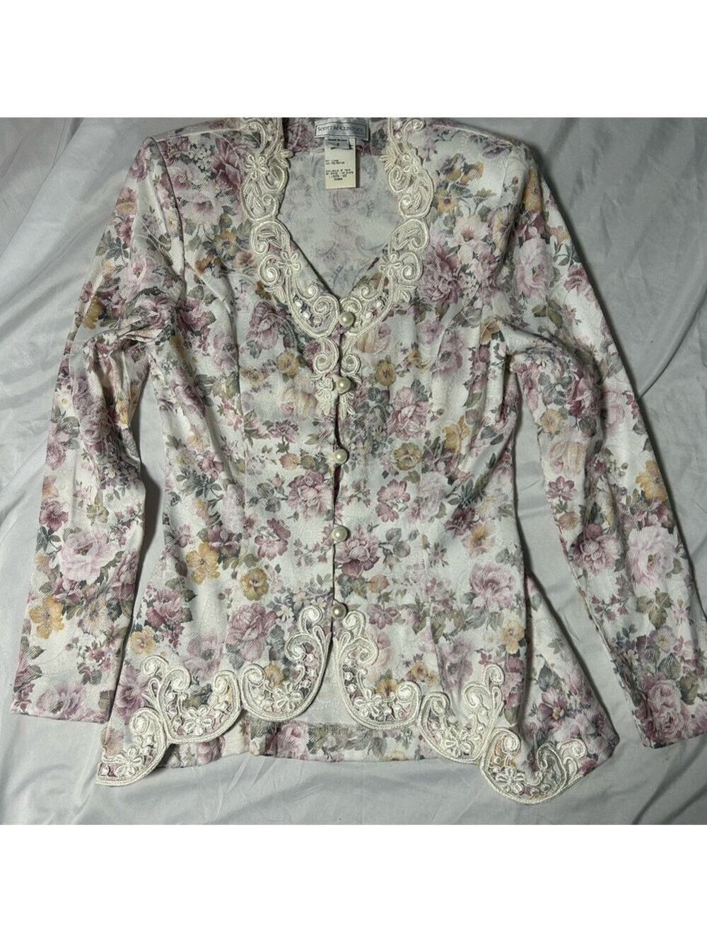 Scott McClintock Vintage 80s Ivory Brocade Skirt Suit Size 8 Petite Pearl Lace - Picture 3 of 16